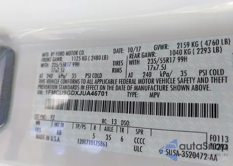 2018 Ford Escape Se z USA, uszkodzony, nr VIN 1FMCU9GDXJUA46701